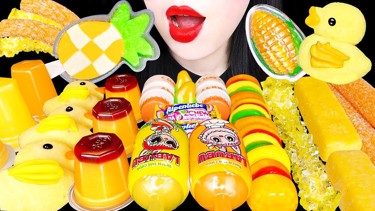 ASMR YELLOW CANDY ICE CREAM 다양한 캔디 먹방 BOTTLE POP JELLY SNACK GUMMY 노란색 아이스크림, 푸딩 락캔디 EATING MUKBANG