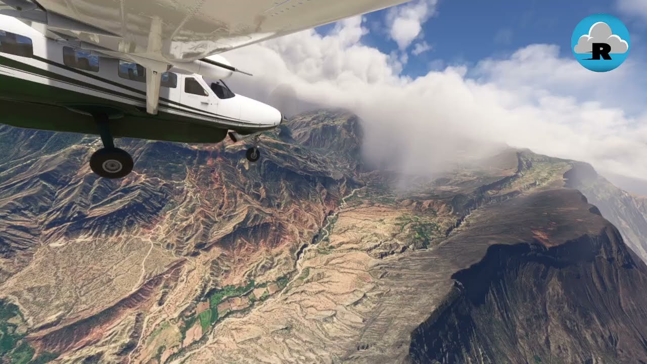 Pouso visto da asa de um avião nas montanhas em Urpay, Pataz, Peru.