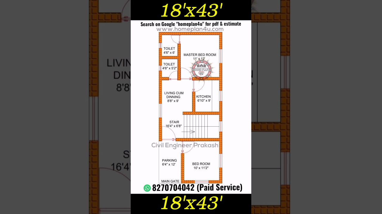 18 x 43 House Plan design with 2 Bhk #shorts #ytshorts
