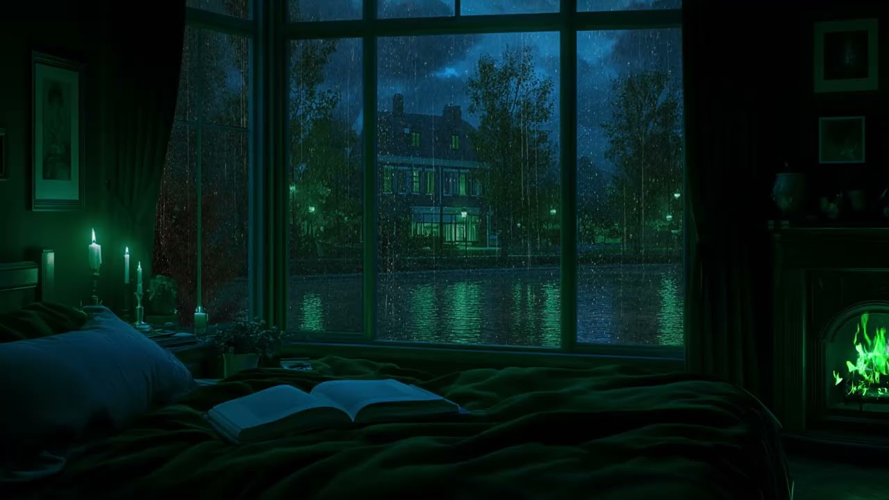 No Ads  Cozy Quiet Room at Night 🌧️ Rain on Window & Crackling Fire for Sleep