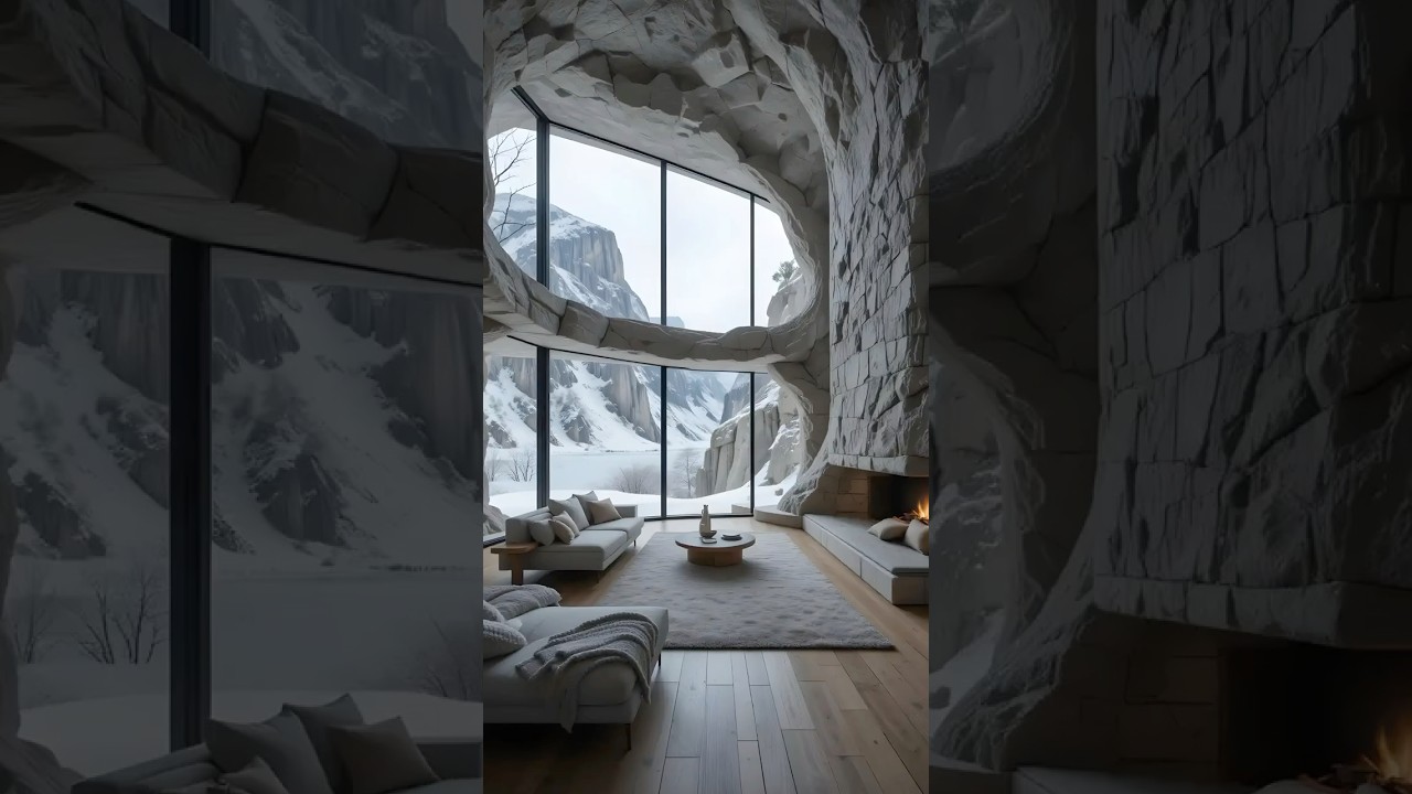 Cliffside Panorama Lounge | Scandinavian Cave Living Room with Snowy Forest Views