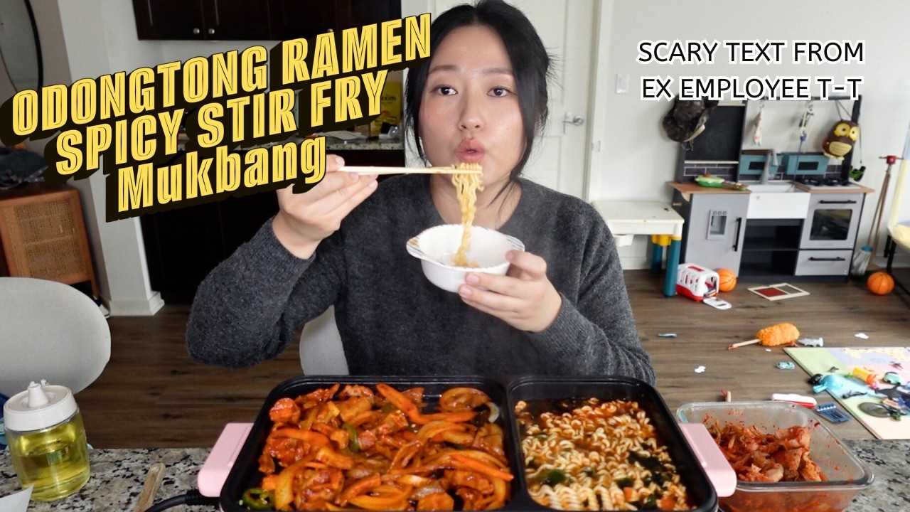(mukbang) Odongtong Ramen + Spicy Stir Fry ft. scary text from EX Employeee