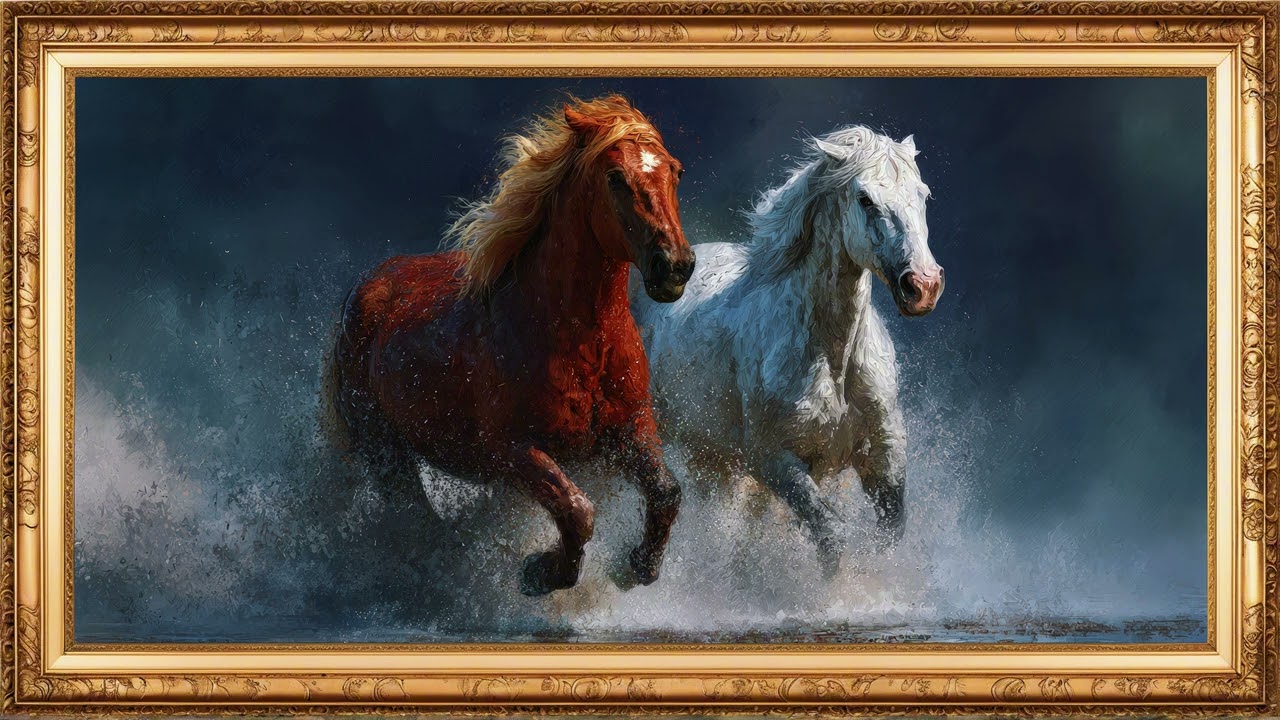 Vintage Frame Art TV: Horses Running in Rain | Golden Frame Painting for Smart TV | Screensaver 4K