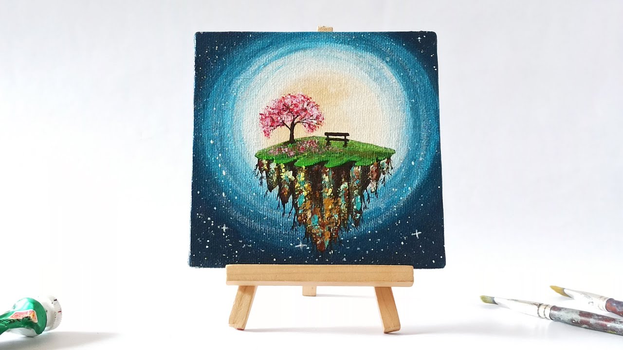 Floating Island Acrylic Painting For Beginners | Mini Canvas Painting Moon For Beginners