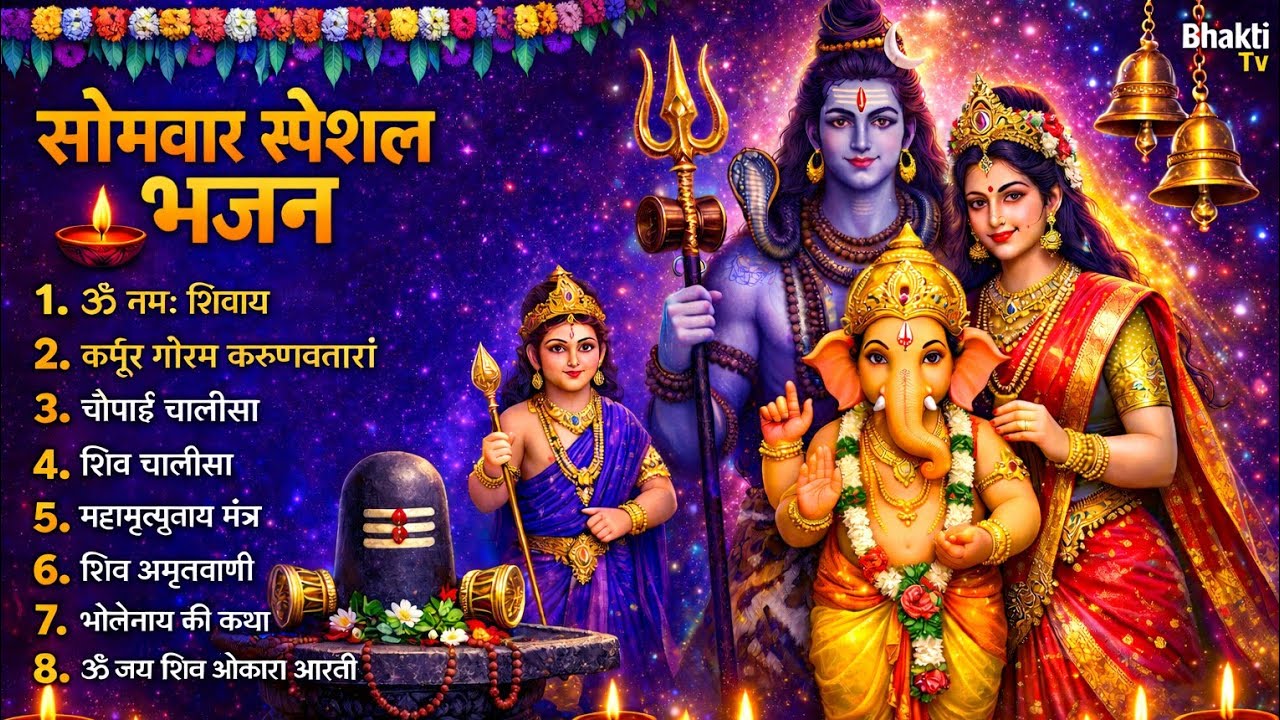 सोमवार भक्ति भजन : ॐ नमः शिवाय, शिव अमृतवाणी, महामृत्युंजय मंत्र, शिव चालीसा, ॐ जय शिव ओंकारा