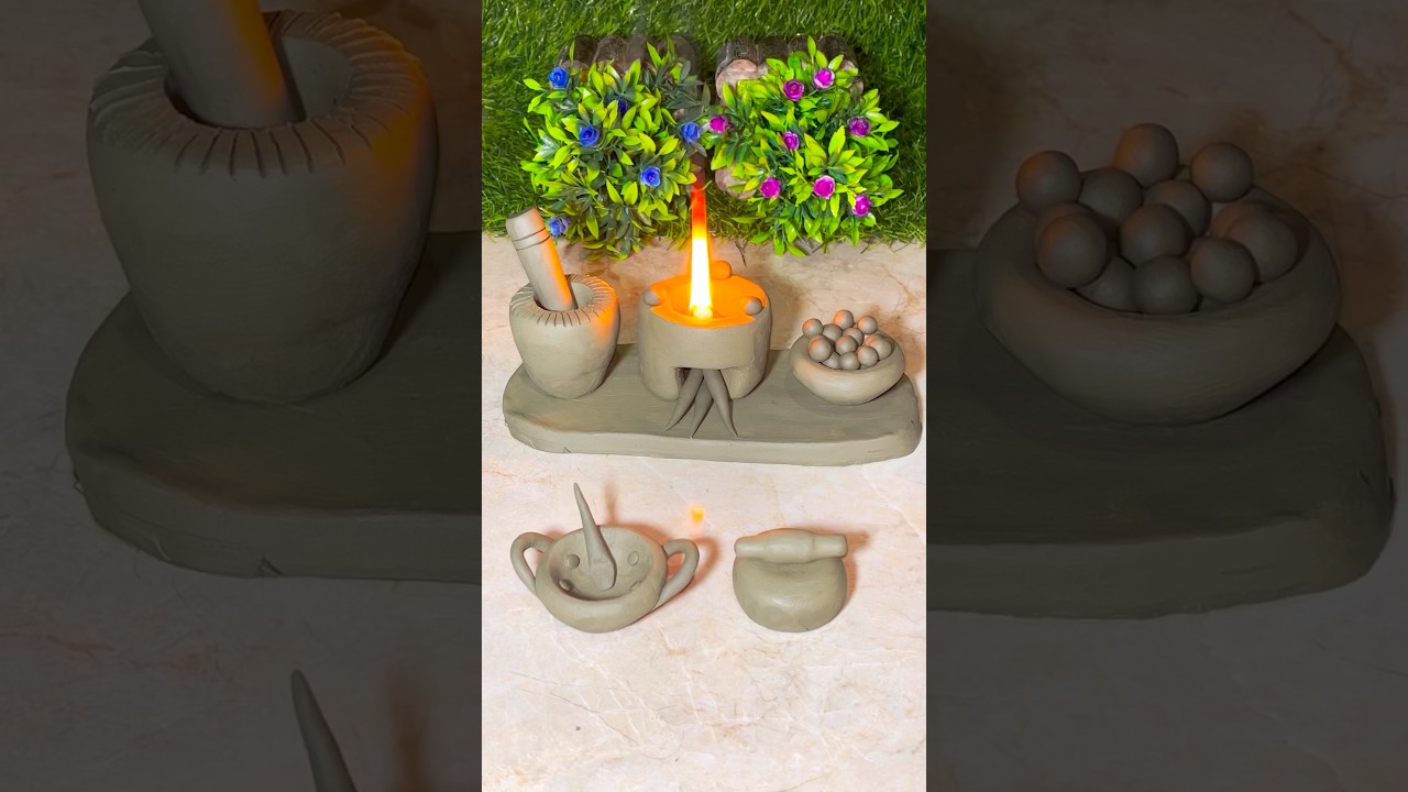 Amazing Handmade Mini Clay Kitchen Set with Real Fire🔥 | Mini Stove, Clay Pot & Pottery Art #Shorts