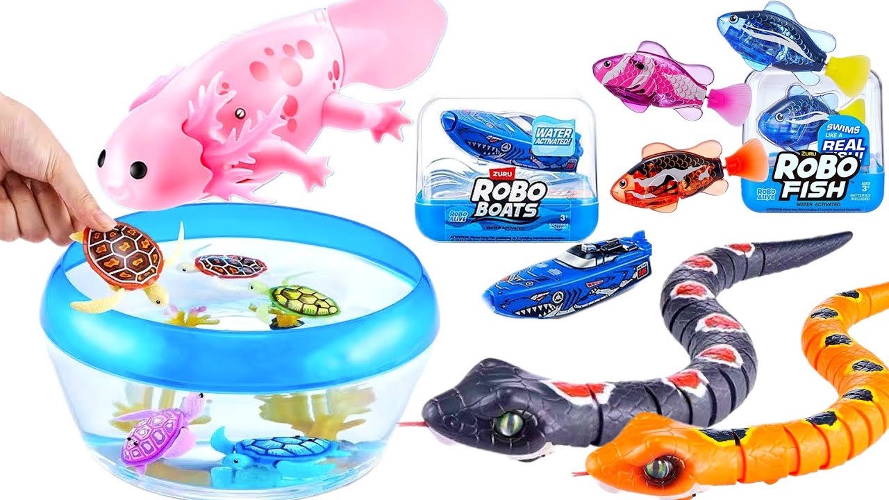 UNBOXING AQUARIUM ROBO ALIVE, REAL AXOLOTL, FISH, TURTLE | ROBO SNAKE | asmr