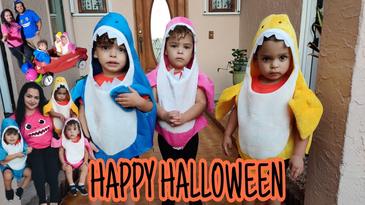 Triplets go Trick or Treating in their Baby Shark Halloween Costumes