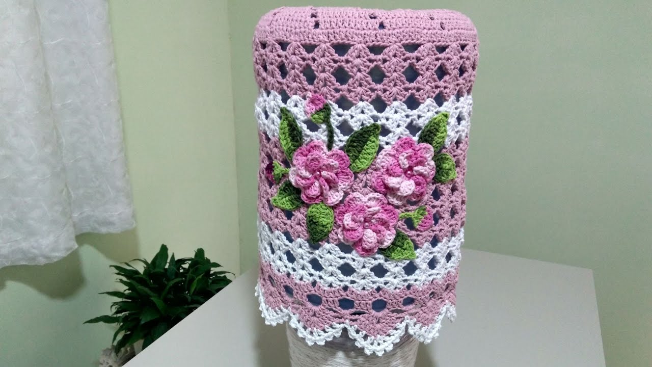 CAPA PARA GALÃO DE ÁGUA CROCHÊ #COM APLICAÇÃO DE FLORES #PASSO A PASSO PONTO LEQUE #ROSINHA DELICADO