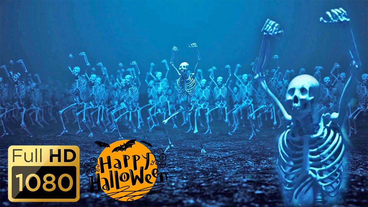 HALLOWEEN VJ LOOP PARTY BACKGROUND - Dancing Skeletons. Ghost. Scary Video. Halloween  (No Sounds)