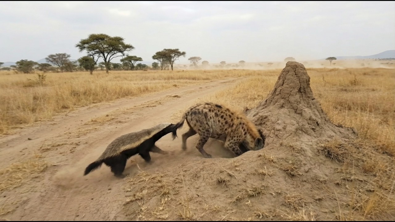 Honey Badger Keeps Biting And The Hyena Finally Backs Off From Her Den