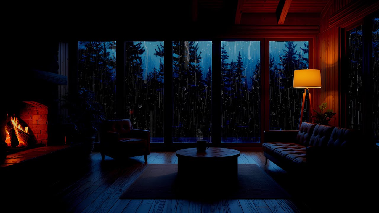 Heavy Rain & Crackling Fire in a Cozy Cabin for Deep Sleep