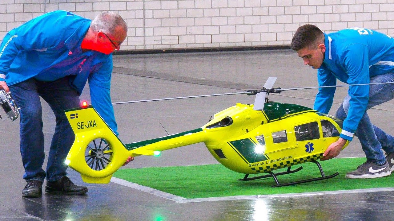 HUGE RC MODEL HELICOPTER IN ACTION!! BIG REMOTE CONTROL HELI INDOOR FLIGHT EC-145