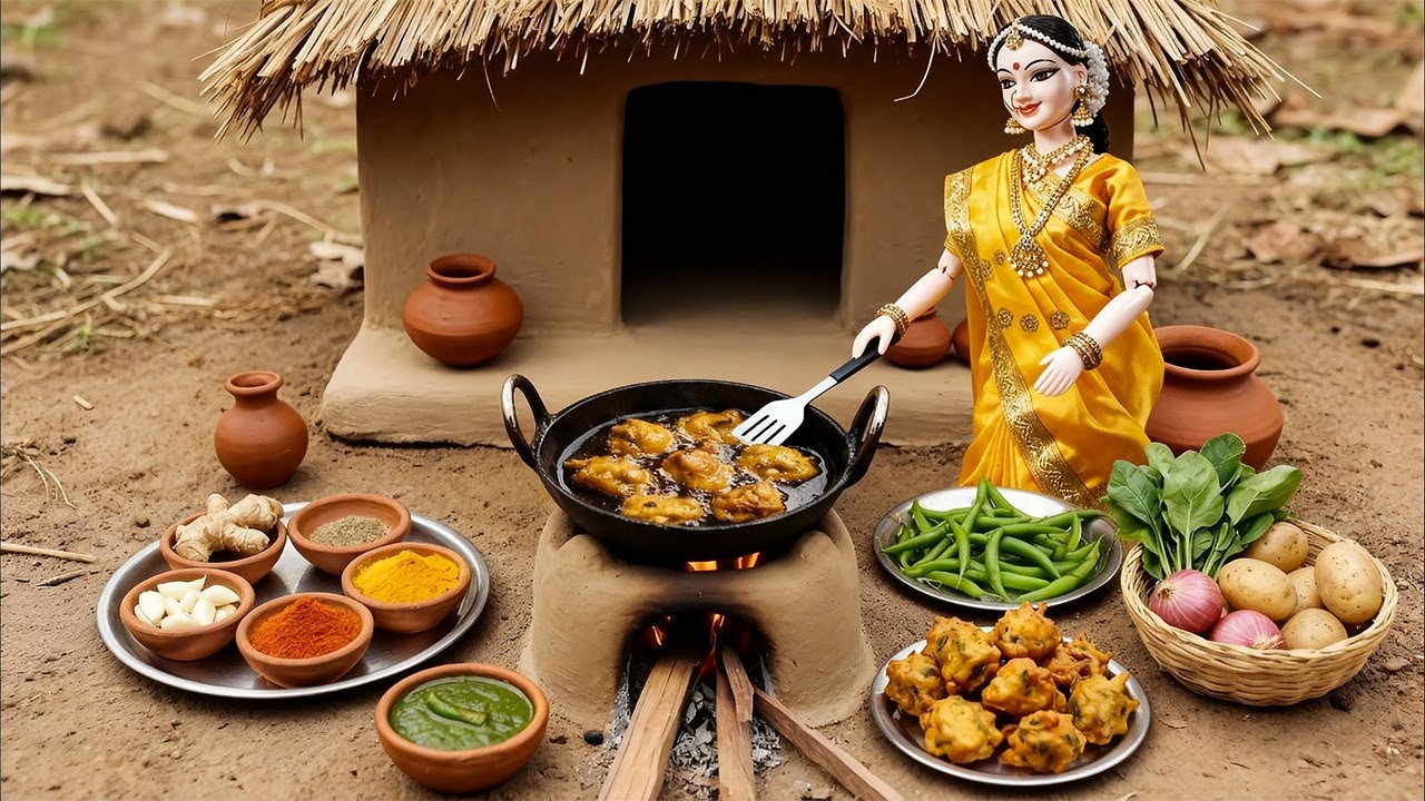 Miniature Doll Makes Crispy Pakoras & Milk Tea ASMR | Indian Village Tiny Kitchen Story