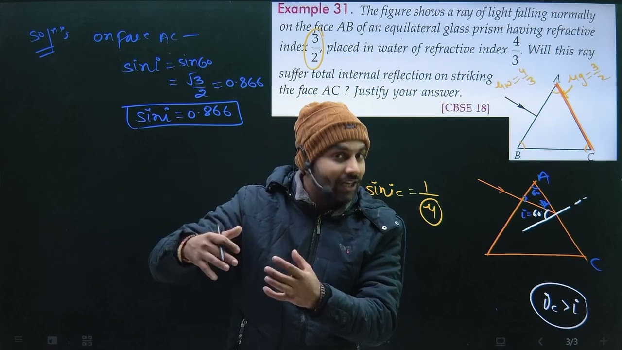 Ex-31 Ray Optics from SL Arora : The fig shows a ray of light falling normally on the face AB of an