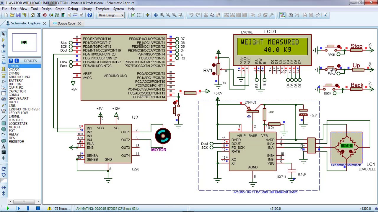 Arduino elevator system with load limit detection using a load cell (project simulation 2, proteus)