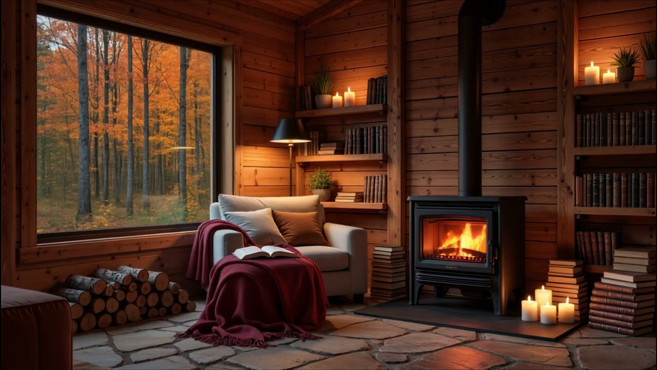 Cozy Autumn Cabin Ambience 🍁Candlelight,Crackling Fireplace&Soft Symphony for Sleep,Study&Relaxation