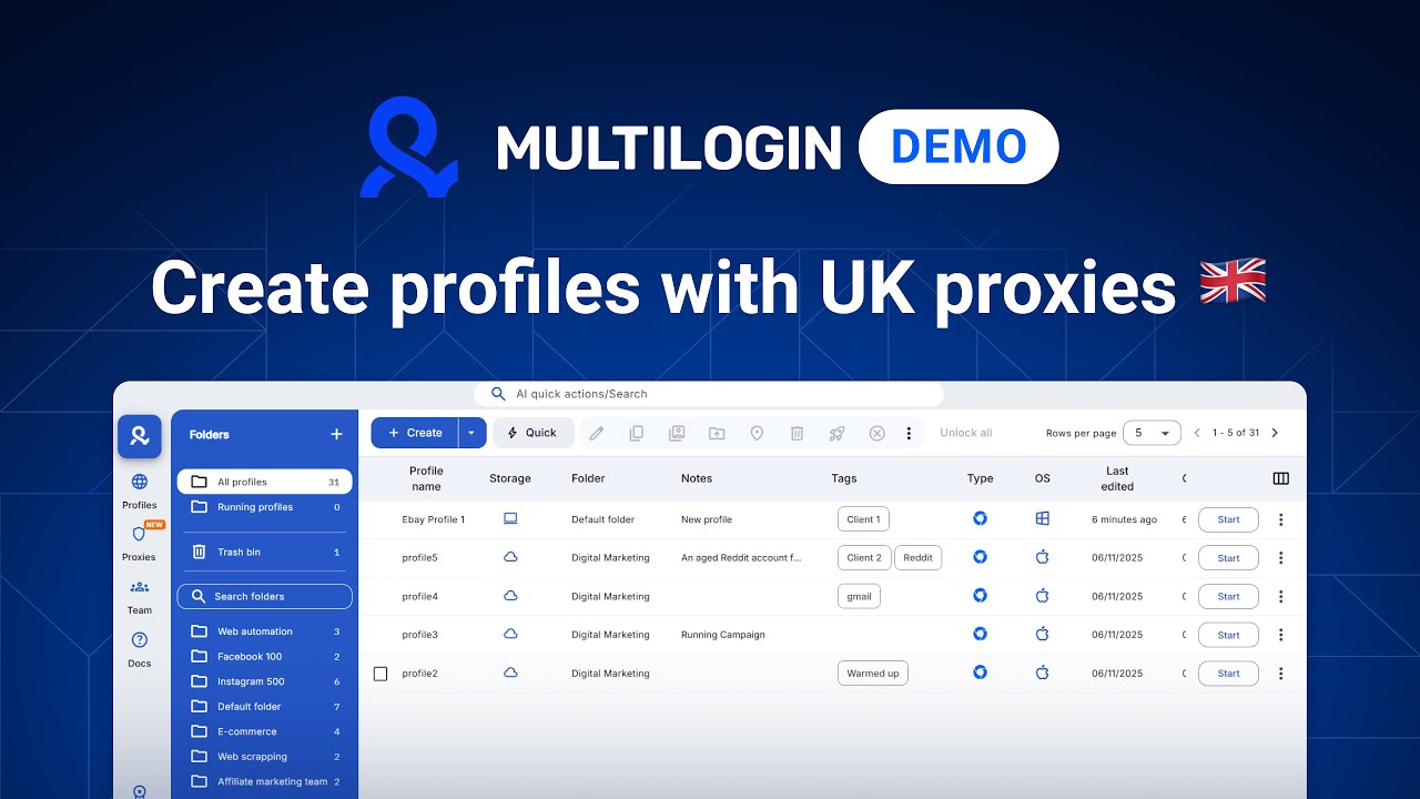 Create multiple accounts with UK proxies in Multilogin