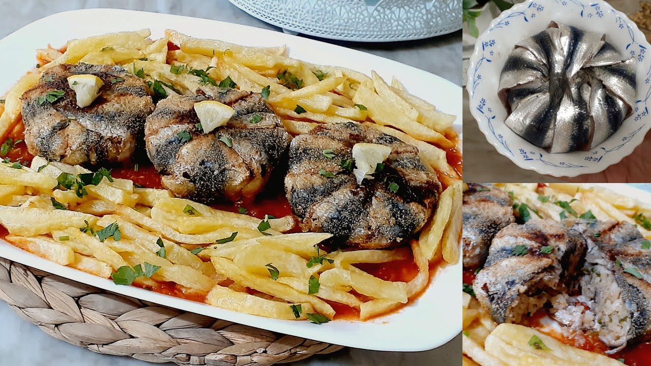رزيمات السردين🐟 محشيين بالارز رافقتهم مع صلصة الطماطم و البطاطا المقلية روعة فالمذاق