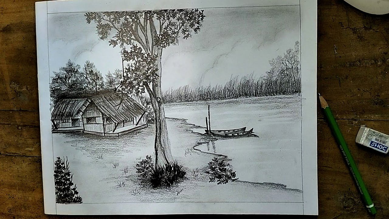 Pencil Art Landscape Scenery Sketch Step By Step / Pencil Sketch landscape Drawing Step By step