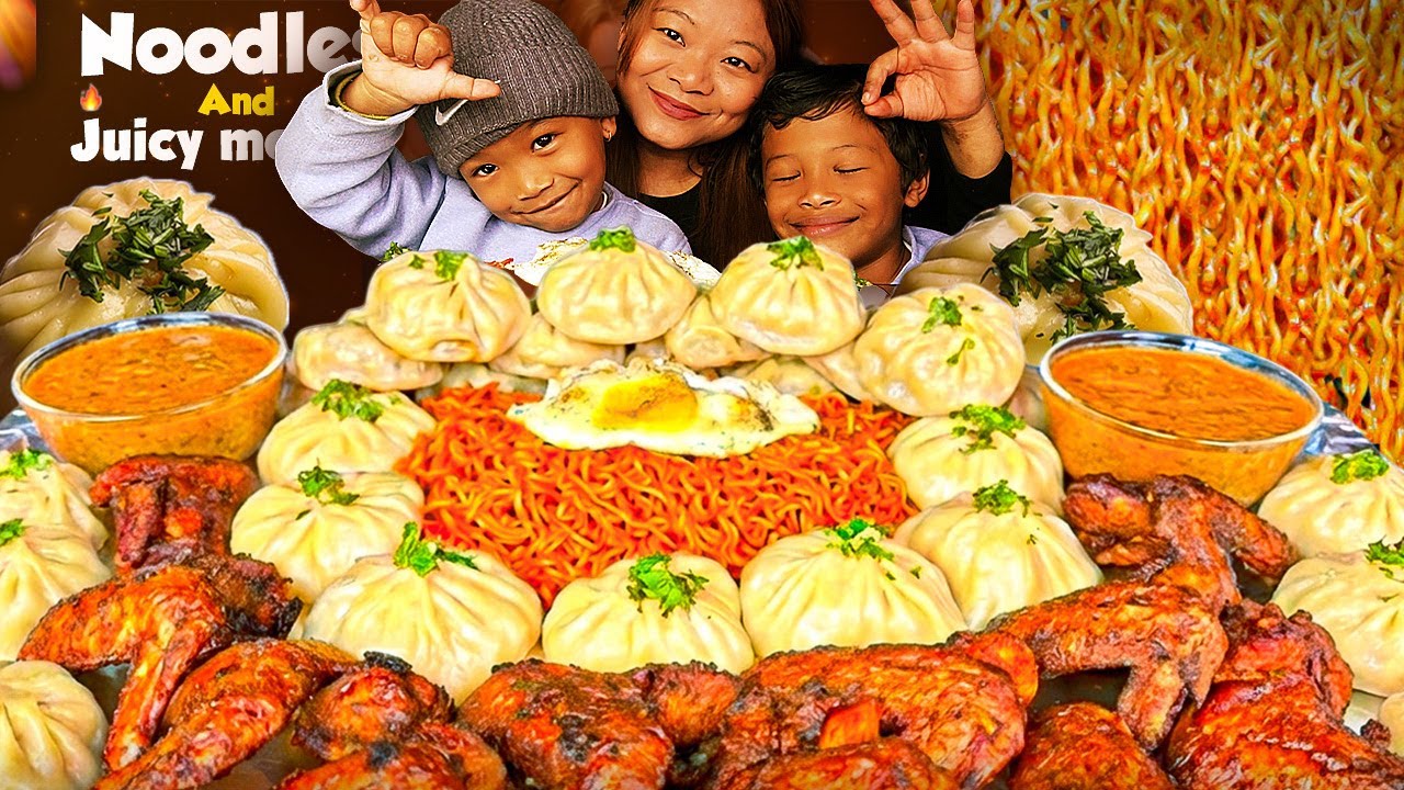 Eating Juciy MOMO, Spicy Noodles, Fried Chicken Wings With my kids | Mukbang | Eating Show