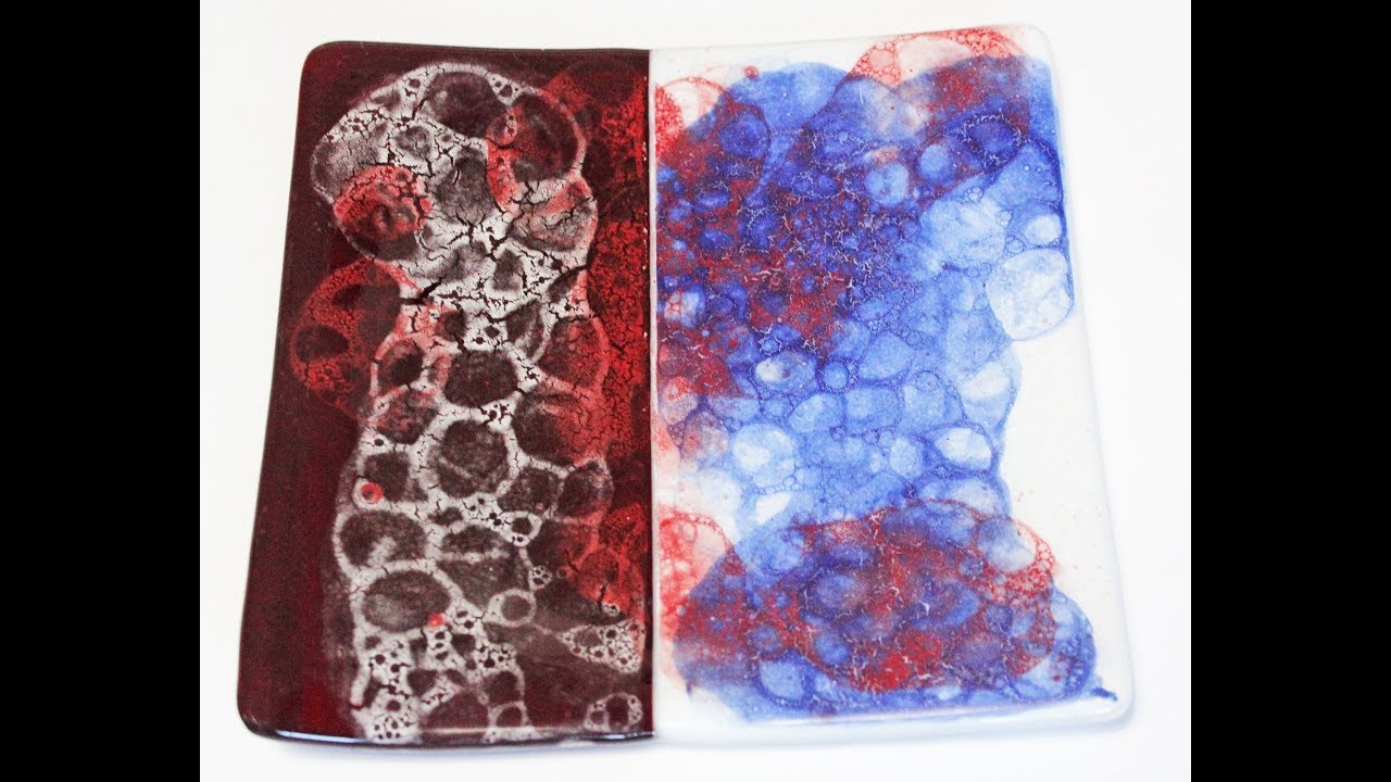 Fused Glass experiment with blown bubbles of GLASSLINE on top of sheet glass