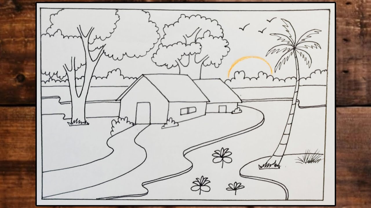How to Draw Sunset Scenery with Pencil  Easy Village Scenery Pencil Sketch Tutorial