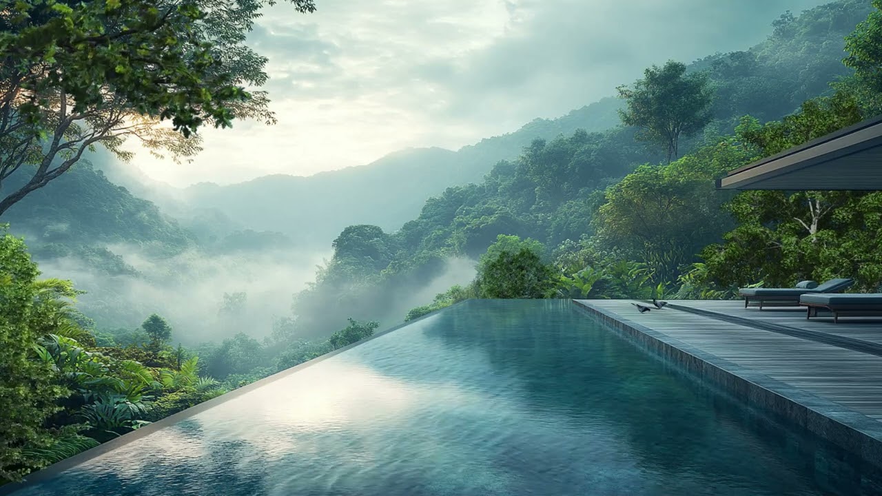 Luxury Tropical Swimming Pool Ambience | Forest Stream & Birds Chirping To Relax and Study