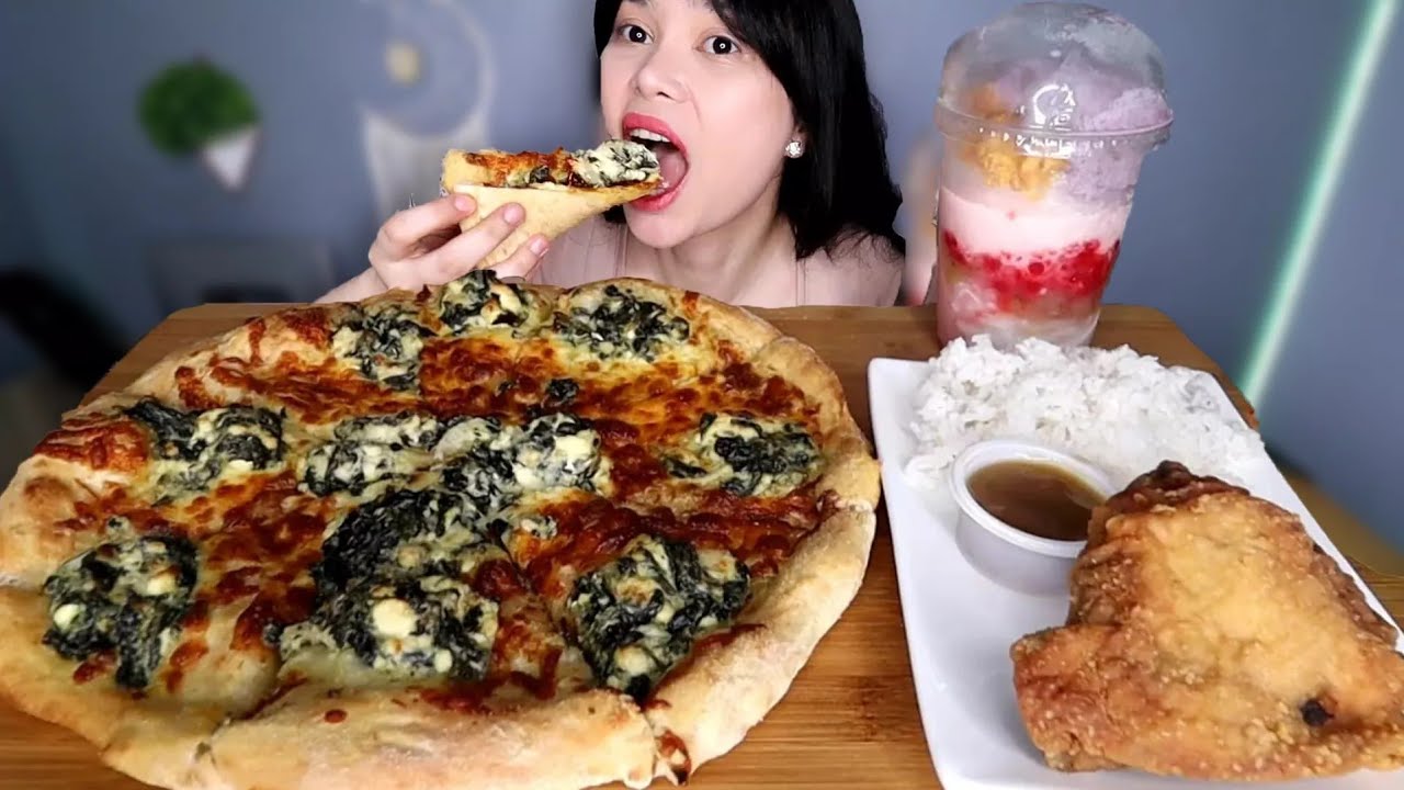 ANGELS PIZZA CREAMY SPINACH, FRIED CHICKEN AND HALO HALO MUKBANG
