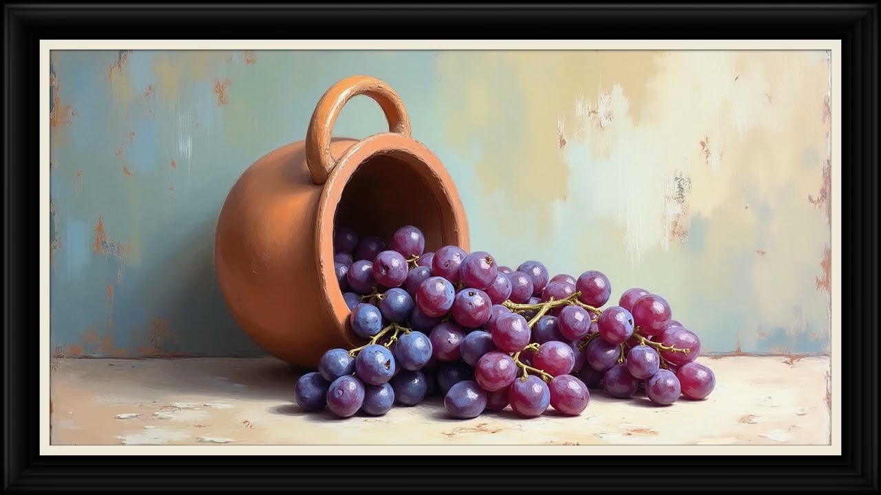 Spilled Grapes from a Clay Pot | Oil Painting Still Life | Pixel Frame TV Art