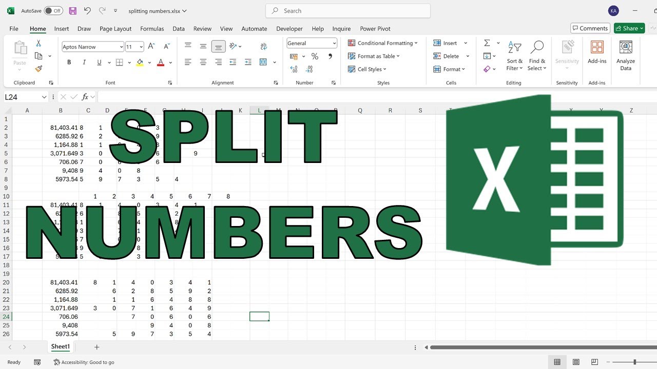 How to split numbers into individual digits in excel