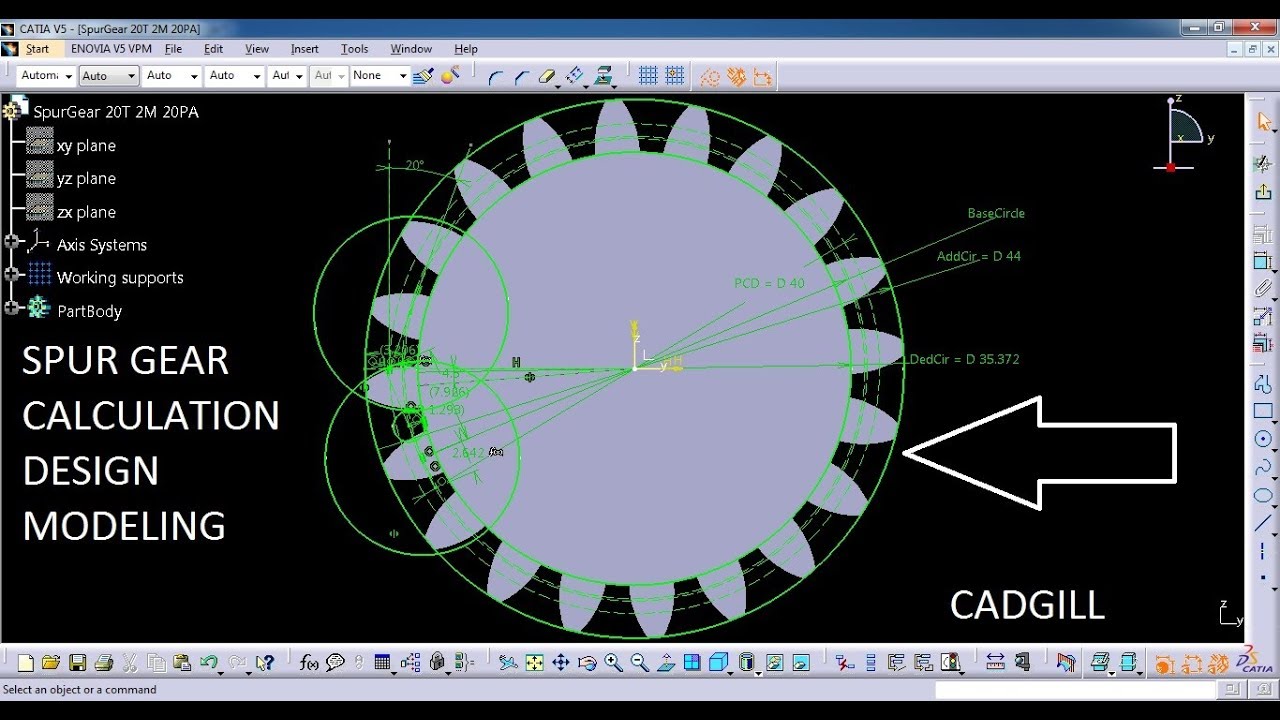 Spur Gear Catia Video Tutorial using base circle as basis of construction