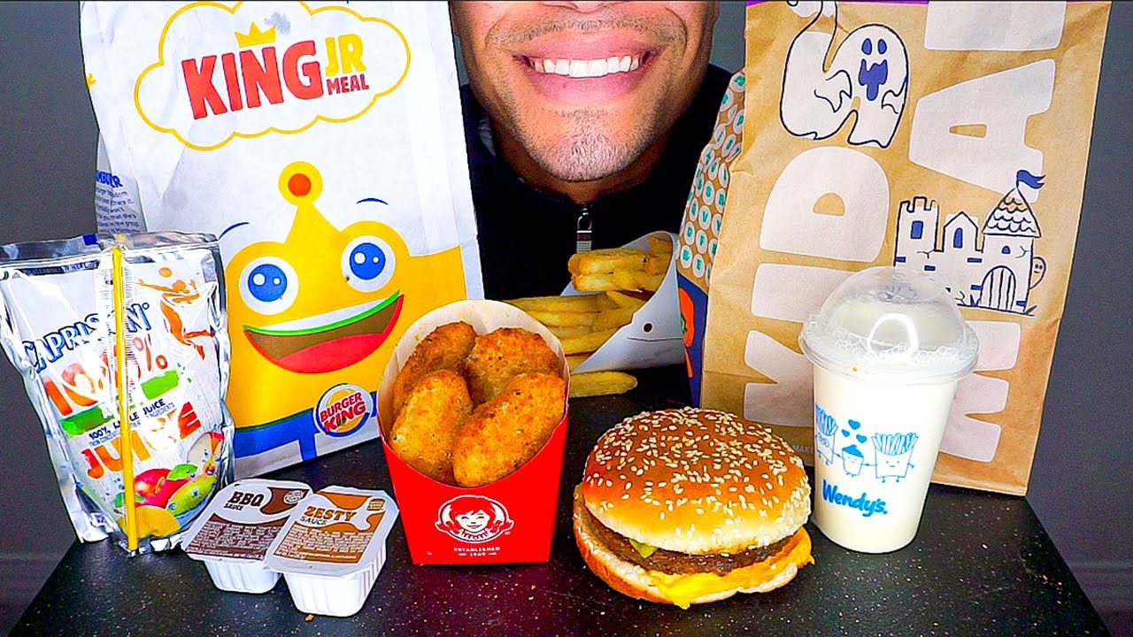 ASMR BURGER KING VS WENDY'S KIDS MEALS CHICKEN NUGGETS FROSTY CHEESEBURGER *NO TALKING* EATING MUKBA