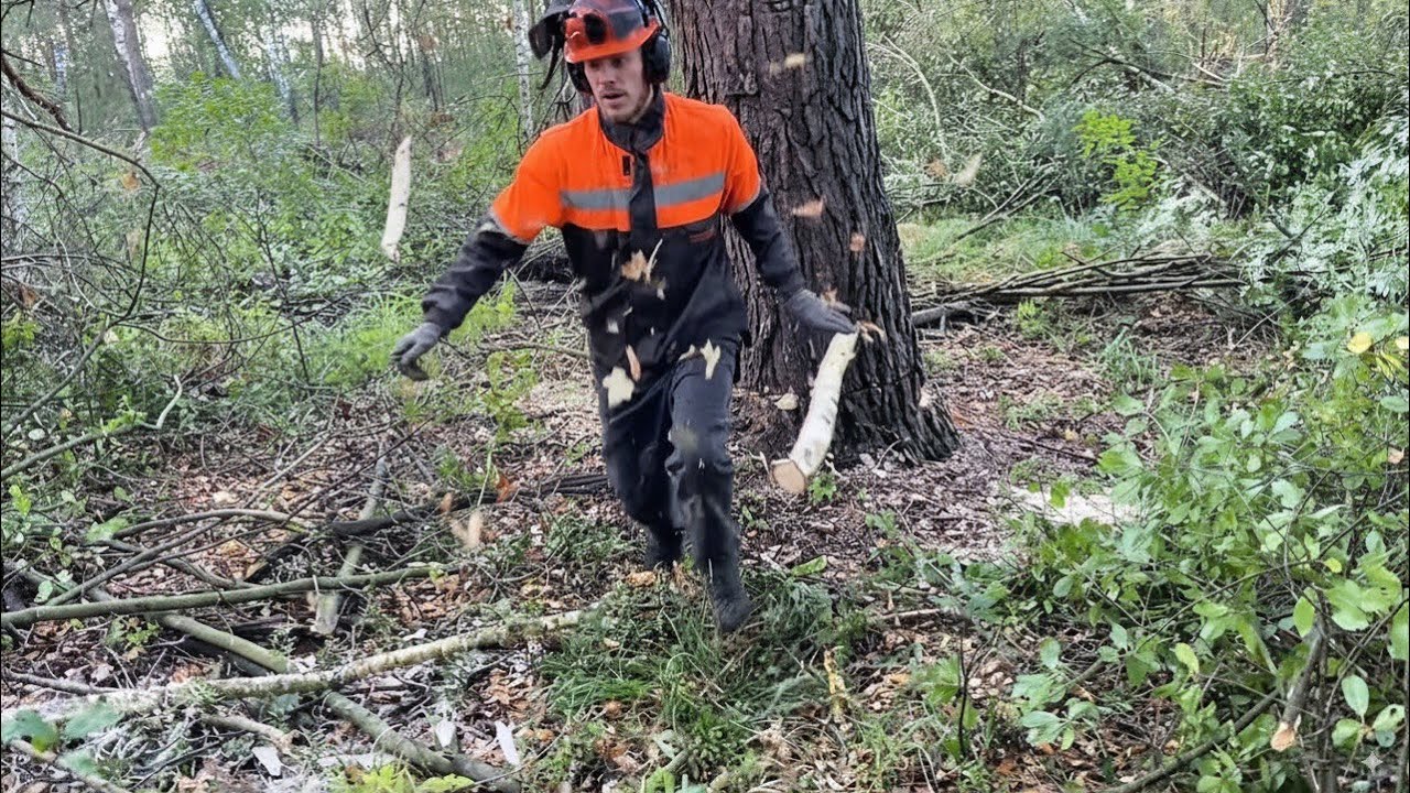 Валка двойного дерева на буреломе | Stihl MS 361 в деле + самодельные клинья