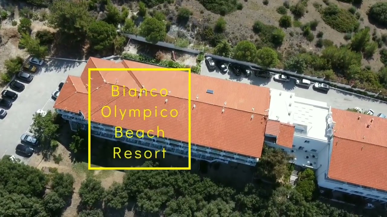 Summer 2023. Vatopedi,Greece. Bianco olimpico beach resort hotel.