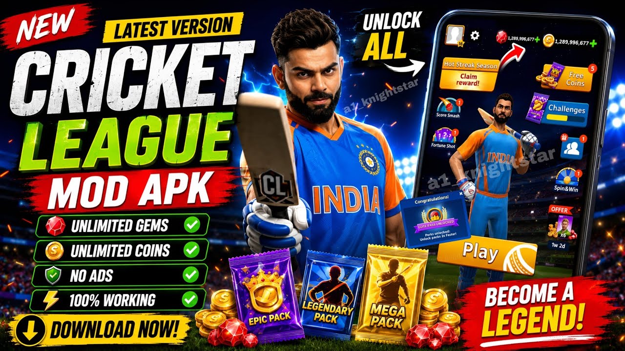 💯 Working🤑Cricket League Mod+Hack apk Unlimited Money 💰 gems💎 Unlocked All Players Free Purchases🛍️