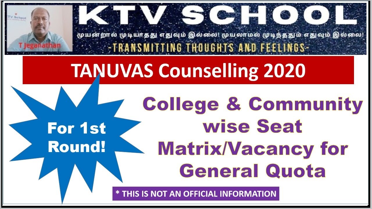 TANUVAS Counselling 2020: College and community wise Seat Matrix/Vacancy for General Quota