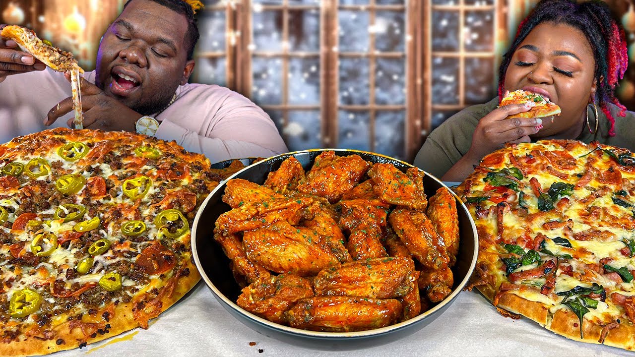 HOMEMADE PERSONAL PIZZAS & AJ'S HOT WINGS!!! | MUKBANG EATING SHOW
