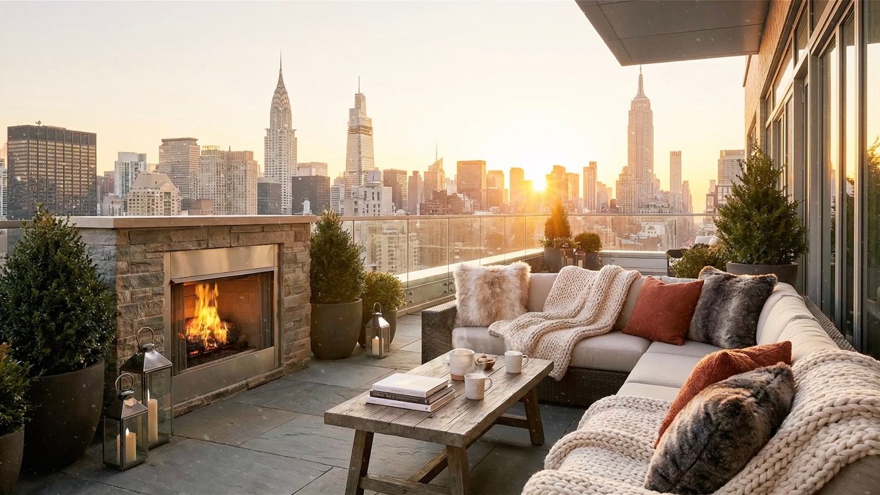 New York City Winter Morning: Cozy Balcony Ambience 😌🌅❄️ (Fireplace Sound)