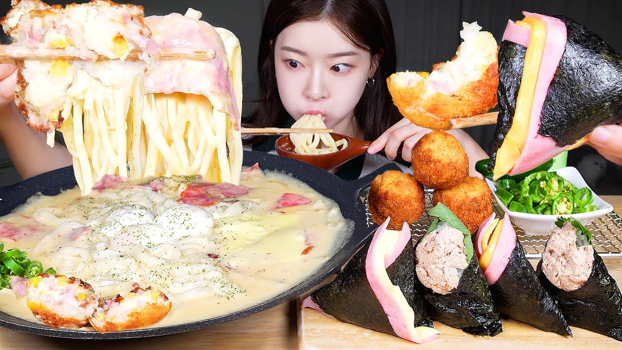 ASMR MUKBANG | Острый удон с беконом и кремом ★ Треугольный кимбап и хрустящие картофельные крокеты