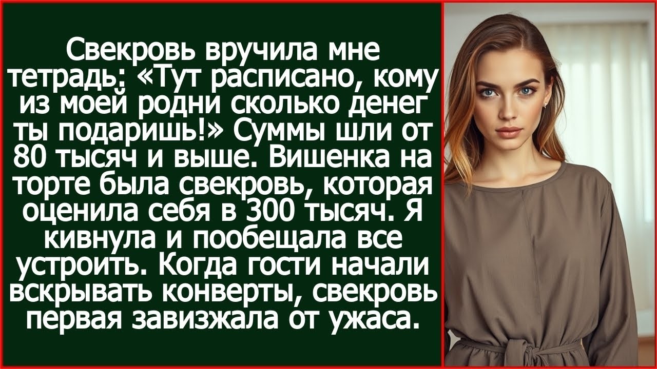 Свекровь вручила мне тетрадь- «Тут расписано, кому из моей родни сколько денег ты подаришь!»