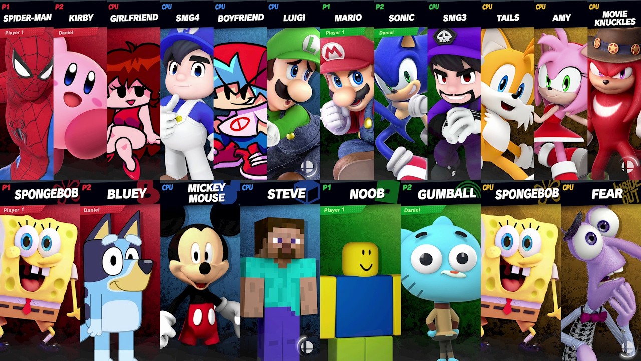 Sonic vs Mario vs Roblox vs Minecraft vs Spiderman vs Bluey vs SpongeBob vs Steve | Super Smash Bros