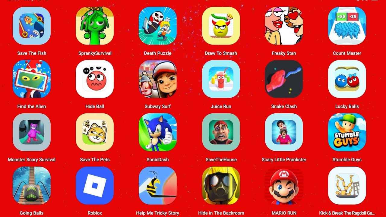 Sprunki survival, Stumble Guys, Luck Balls, Find The Alien 2, Poppy Play Time 4, Roblox