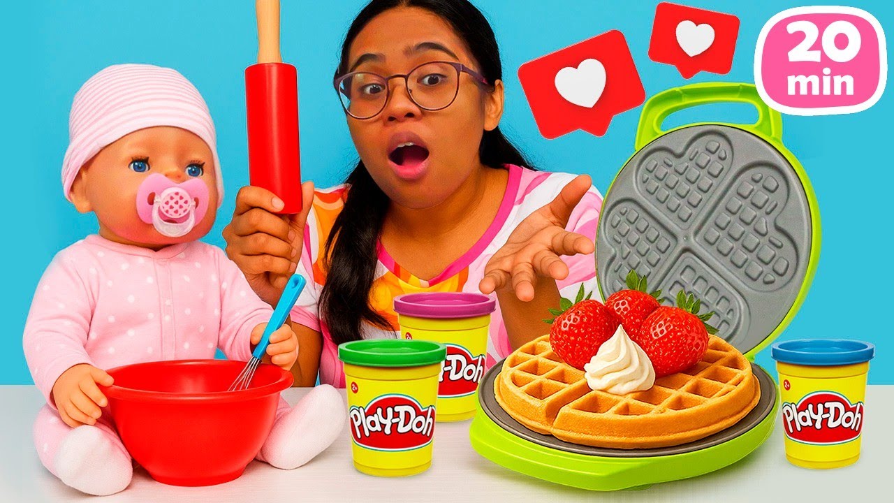 Jeux de pâte à modeler Play Doh. Baby Born et sa nounou préparent des gaufres belges !