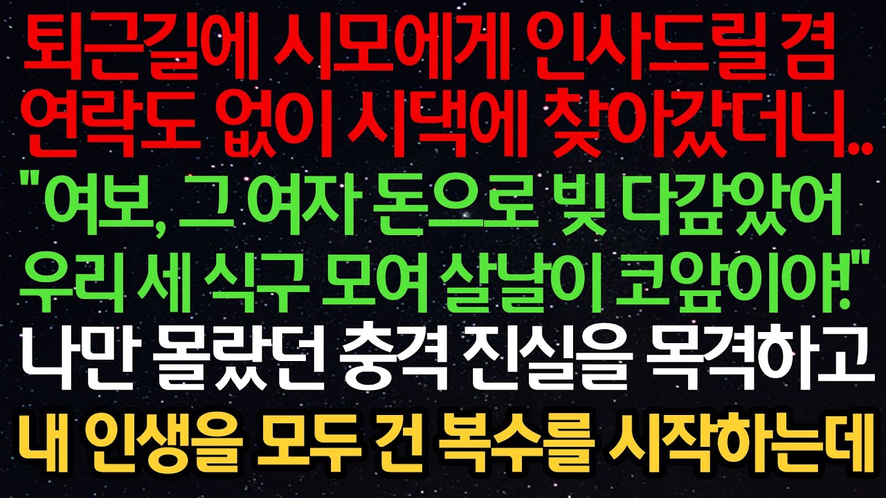 실화사연- 시모에게 연락 없이 시댁에 찾아갔더니 “여보 그 여자 돈으로 빚 다 갚았어 우리 모여 살날이 코앞이야” 몰랐던 충격 진실을 목격하고 인생을 모두 건 복수를 시작하는데