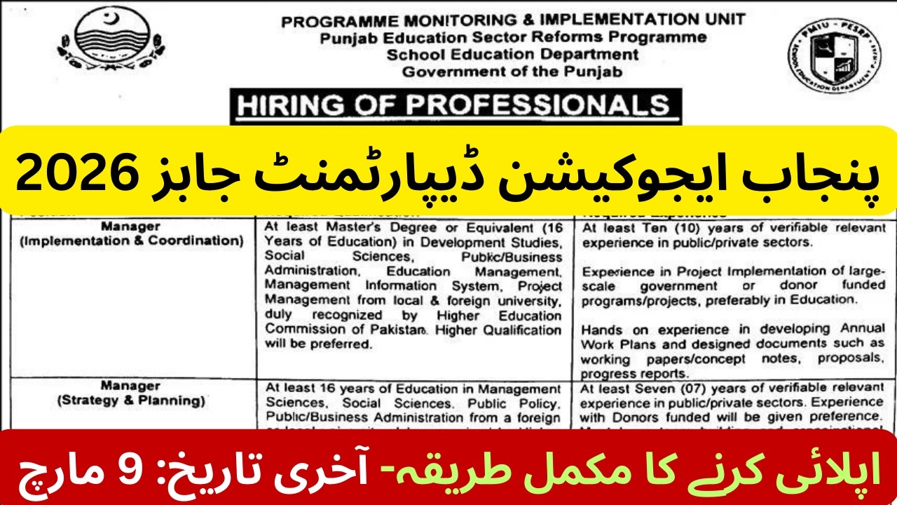 PMIU PESRP Jobs 2026 | Punjab School Education Department Jobs | Managers, Finance Officer & More