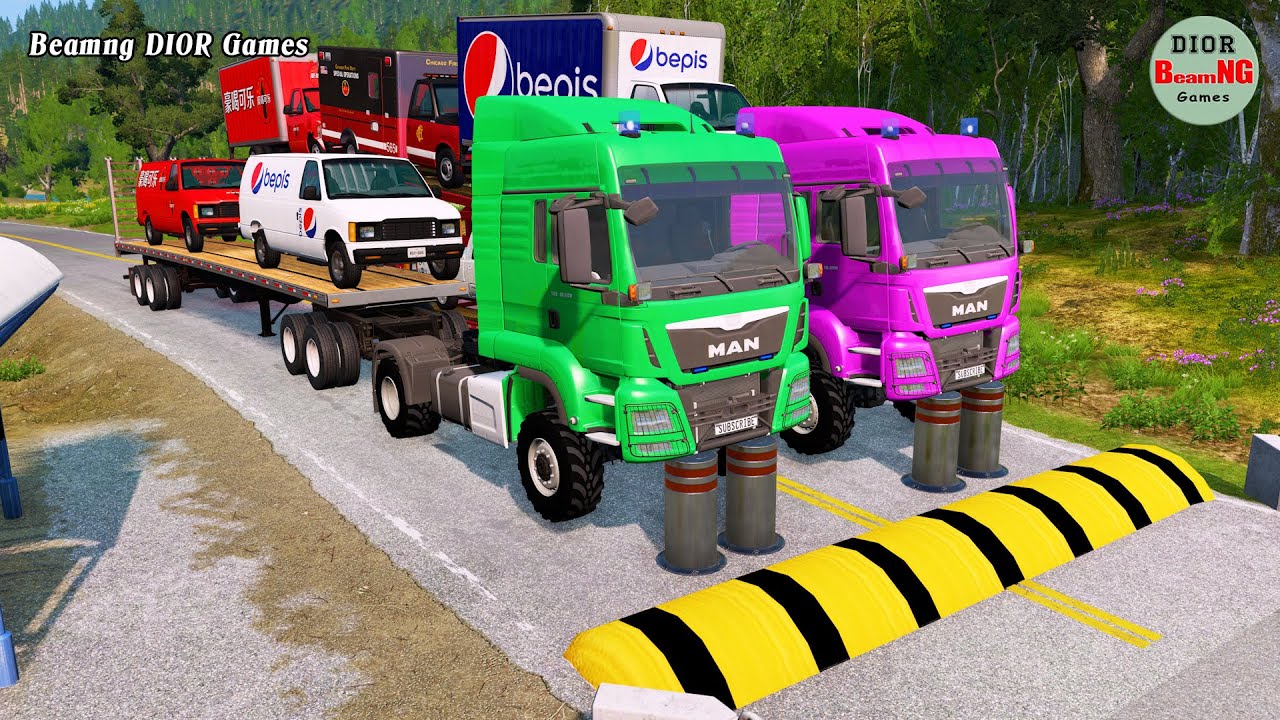 Double Flatbed Trailer Truck vs speed bumps|Tractor vs Train|Beamng Drive|225