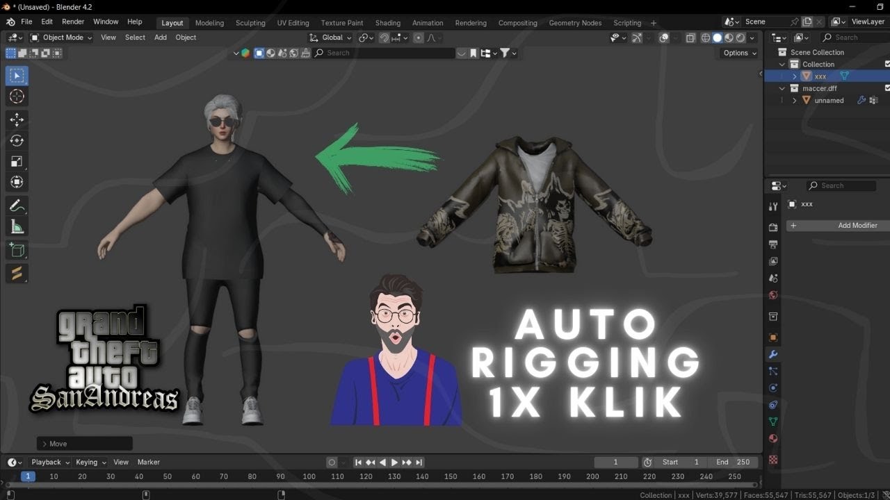 TUTORIAL RIGGING SKIN GTA SA 1 KALI KLIK DI BLENDER 3D PC/DAN ANDROID