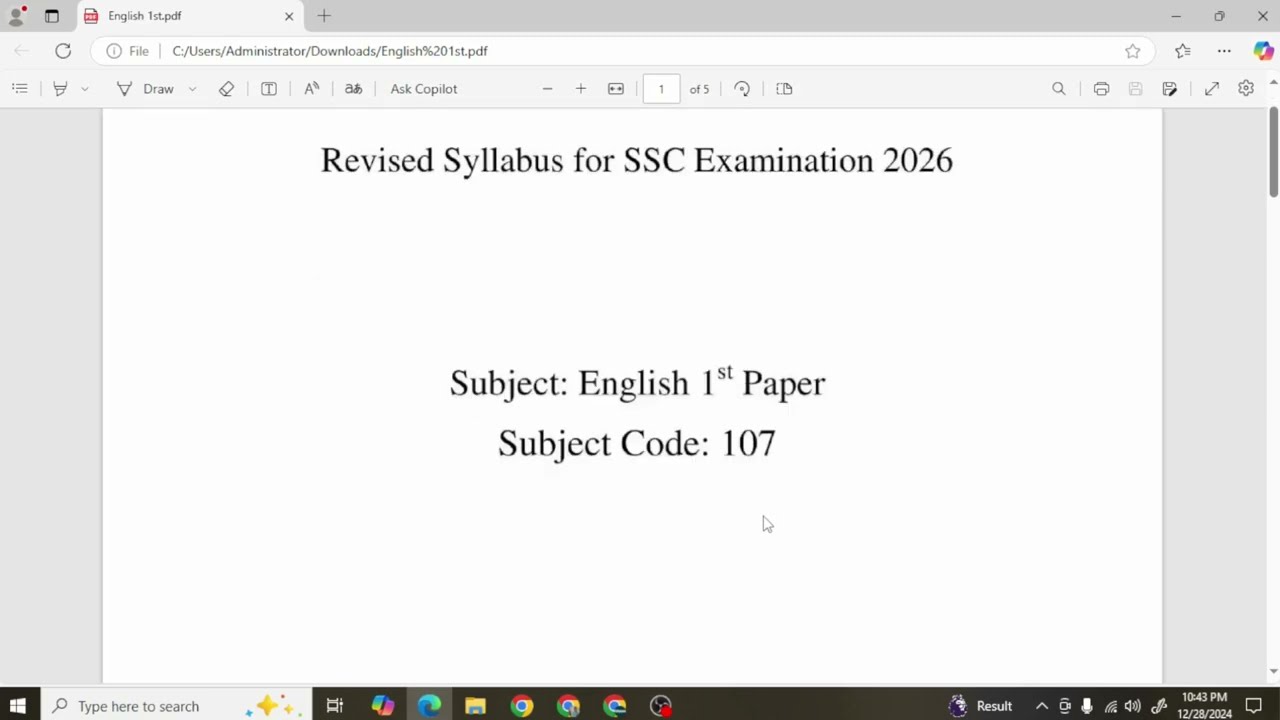SSC Exam 2026 Short Syllabus | English 1st Paper