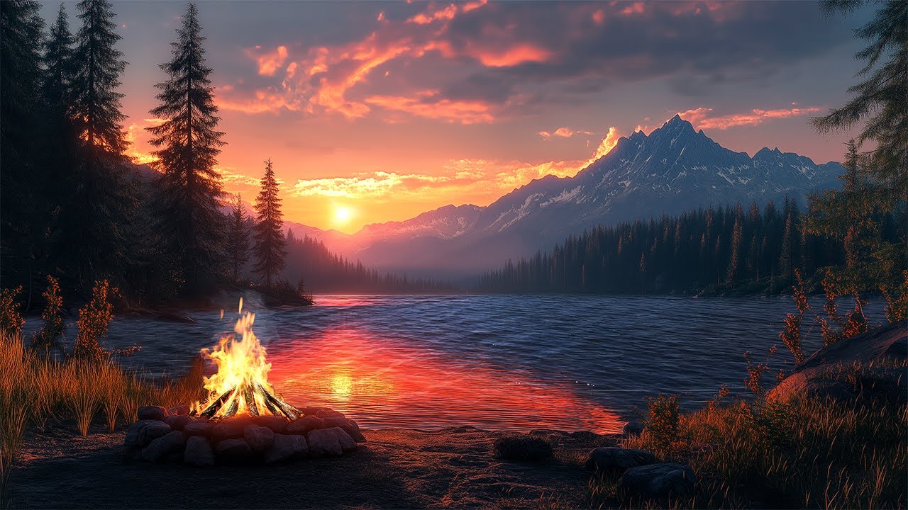 Sunset Campfire Ambience | Crackling Fire, Birds & Water for Deep Sleep & Relaxation [4K]